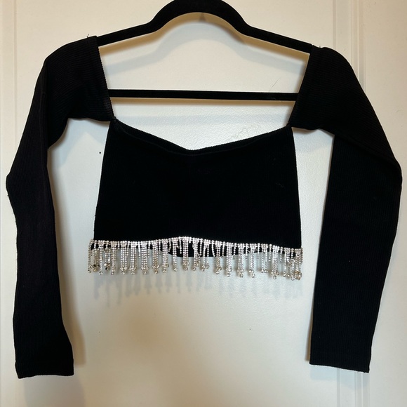 ZARA Off The Shoulder Black Rhinestone Seamless Crop Top Long Sleeve Size S!! - Picture 9 of 16